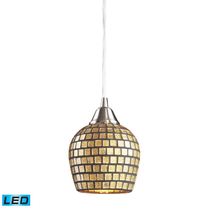 Fusion 1-Light Mini Pendant in Satin Nickel with Gold Leaf Mosaic Glass - Includes LED Bulb | Pendant Lamps | Modishstore