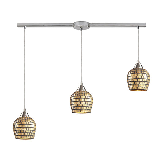 Fusion 3-Light Linear Pendant Fixture in Satin Nickel with Gold Leaf Mosaic Glass ELK Lighting | Pendant Lamps | Modishstore