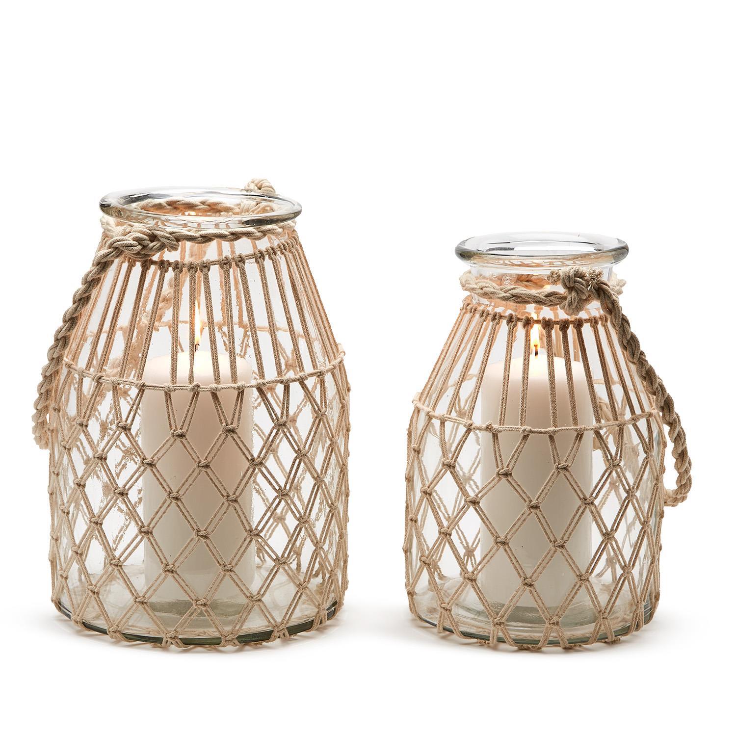 Set of 2 MIlk Jar Vase / Candleholder with Natural Rope By Two's Company | Candle Holders | Modishstore