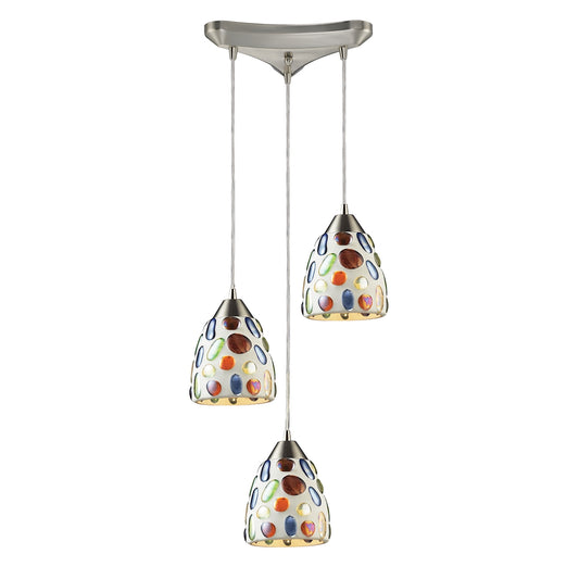 Gemstone 3-Light Triangular Pendant Fixture in Satin Nickel with Sculpted Multi-color Glass ELK Lighting | Pendant Lamps | Modishstore