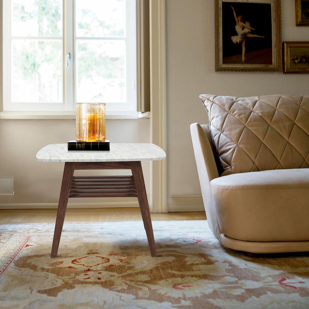 Cassoro 24" Square Italian Carrara White Marble Side Table with Walnut Shelf By The Bianco Collection | Side Tables | Modishstore - 2