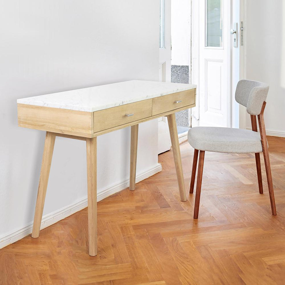 Viola 44" Rectangular Italian Carrara White Marble Writing Desk with Oak Legs By The Bianco Collection | Desks | Modishstore - 2