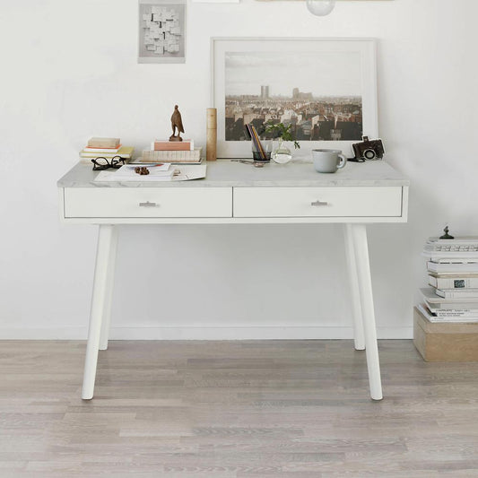 Viola 44" Rectangular White Marble Writing Desk with White Legs, TBC-4103-PT1730-WHT By The Bianco Collection