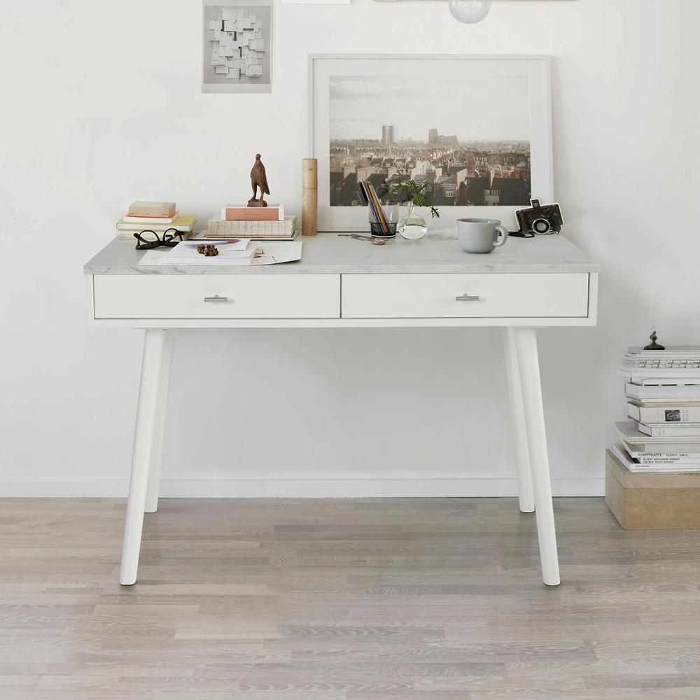 Viola 44" Rectangular White Marble Writing Desk with White Legs, TBC-4103-PT1730-WHT By The Bianco Collection | Desks | Modishstore - 1