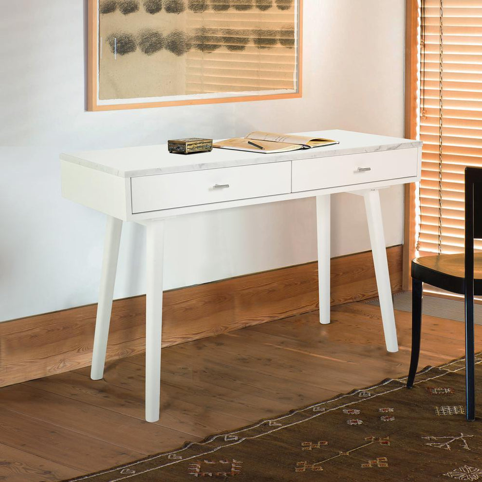 Viola 44" Rectangular White Marble Writing Desk with White Legs, TBC-4103-PT1730-WHT By The Bianco Collection | Desks | Modishstore - 2