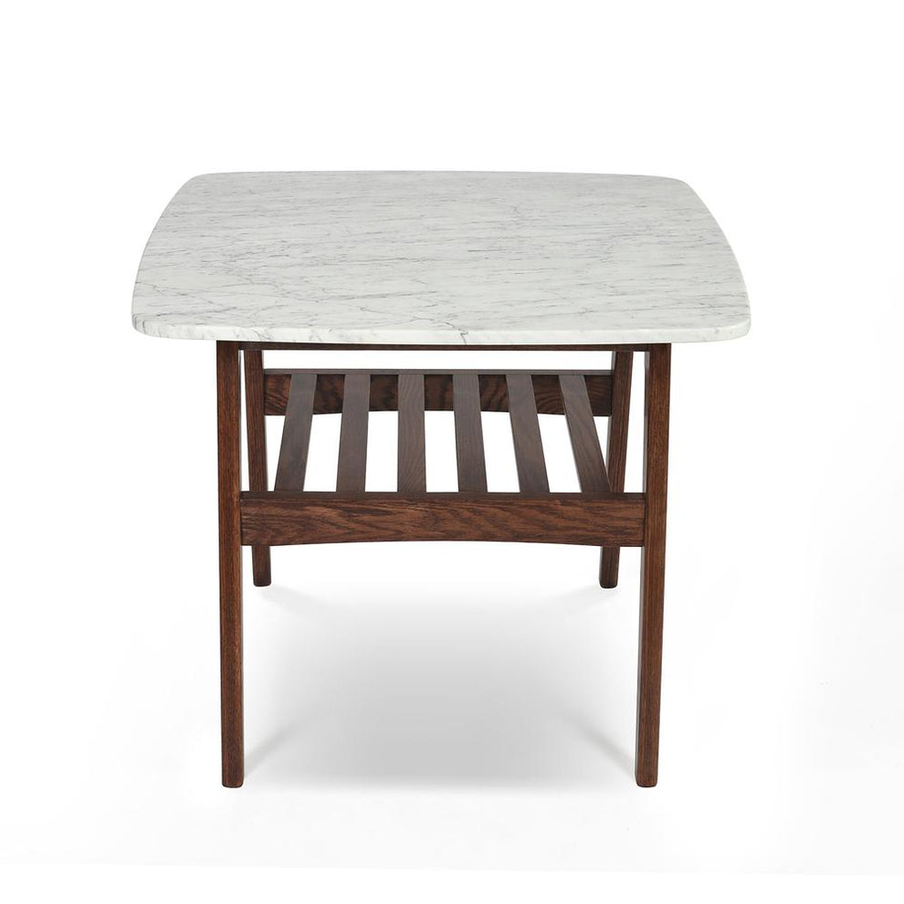 Cassoro 24" Square Italian Carrara White Marble Side Table with Walnut Shelf By The Bianco Collection | Side Tables | Modishstore - 4