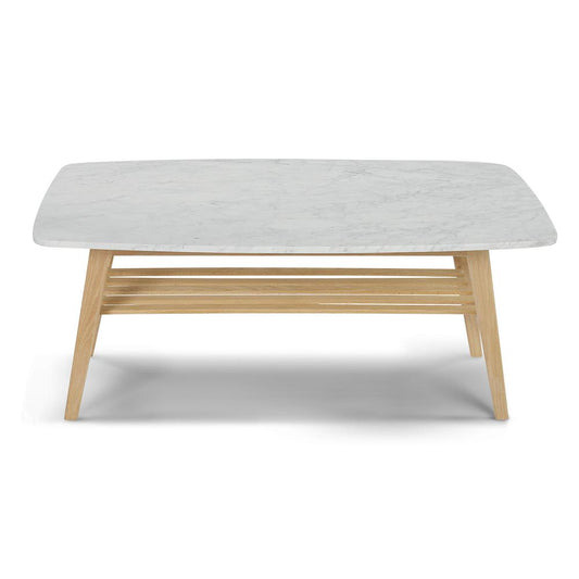 Laura 43" Rectangular Italian Carrara White Marble Coffee Table with Oak Shelf By The Bianco Collection