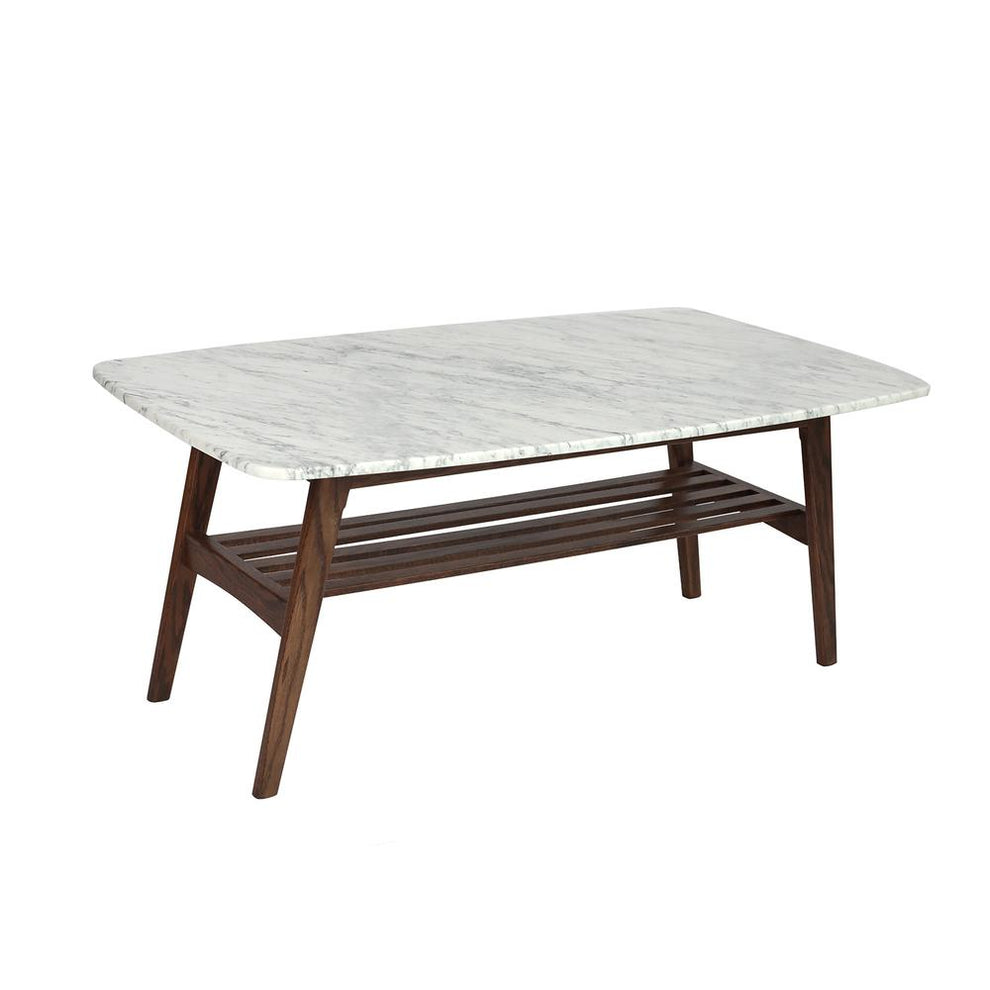 Laura 43" Rectangular Italian Carrara White Marble Coffee Table with Walnut Shelf By The Bianco Collection | Coffee Tables | Modishstore - 2
