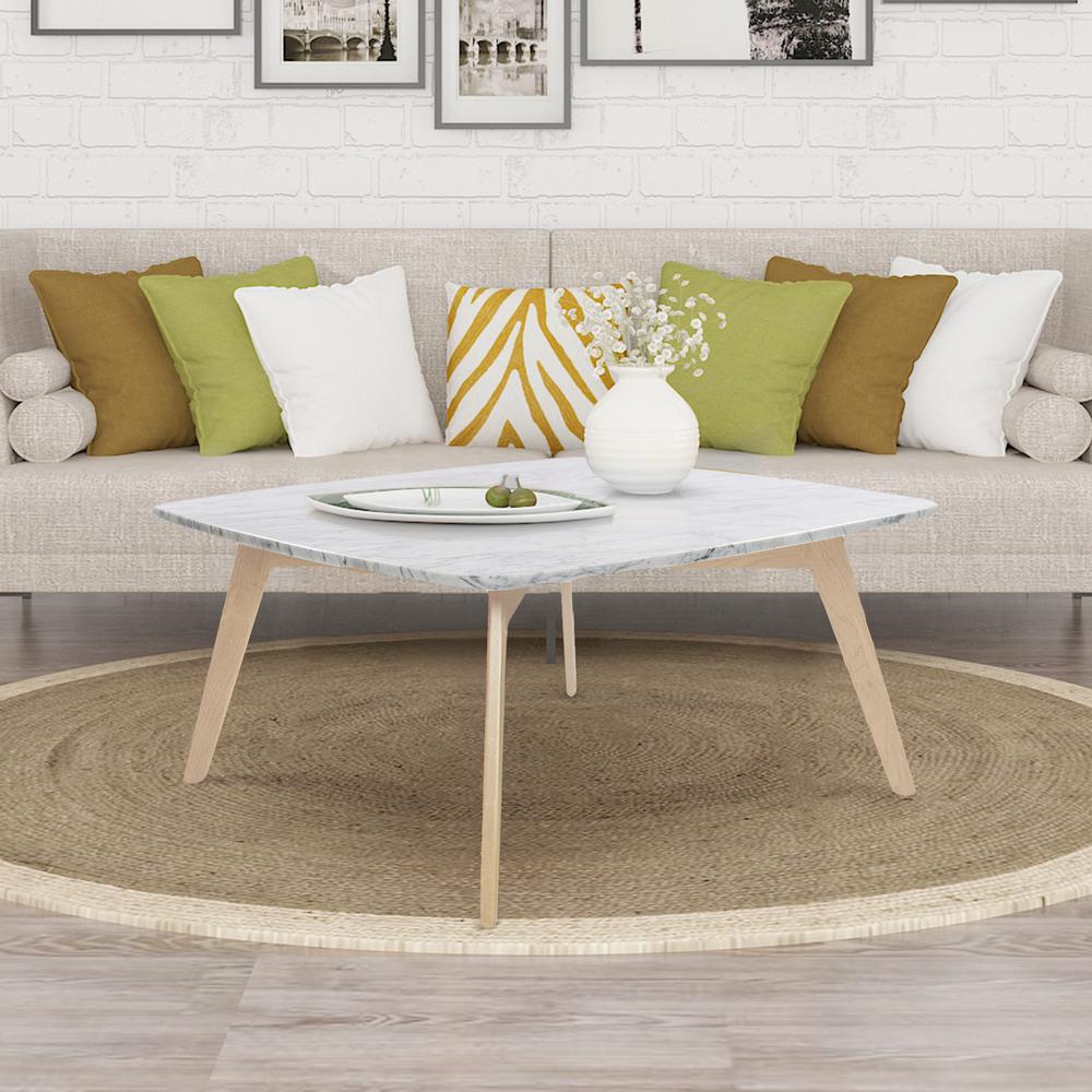 Vezzana 31" Square Italian Carrara White Marble Coffee Table with Oak Legs By The Bianco Collection | Coffee Tables | Modishstore - 1