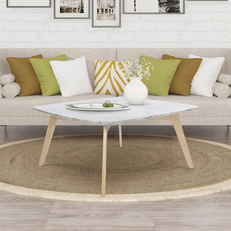 Vezzana 31" Square Italian Carrara White Marble Coffee Table with Oak Legs By The Bianco Collection | Coffee Tables | Modishstore - 1