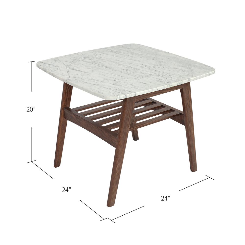 Cassoro 24" Square Italian Carrara White Marble Side Table with Walnut Shelf By The Bianco Collection | Side Tables | Modishstore - 5