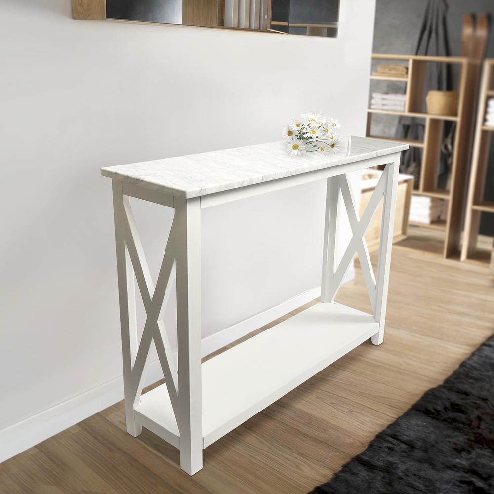 Agatha 39" Rectangular Italian Carrara White Marble Console Table with white color solid wood Legs By The Bianco Collection
