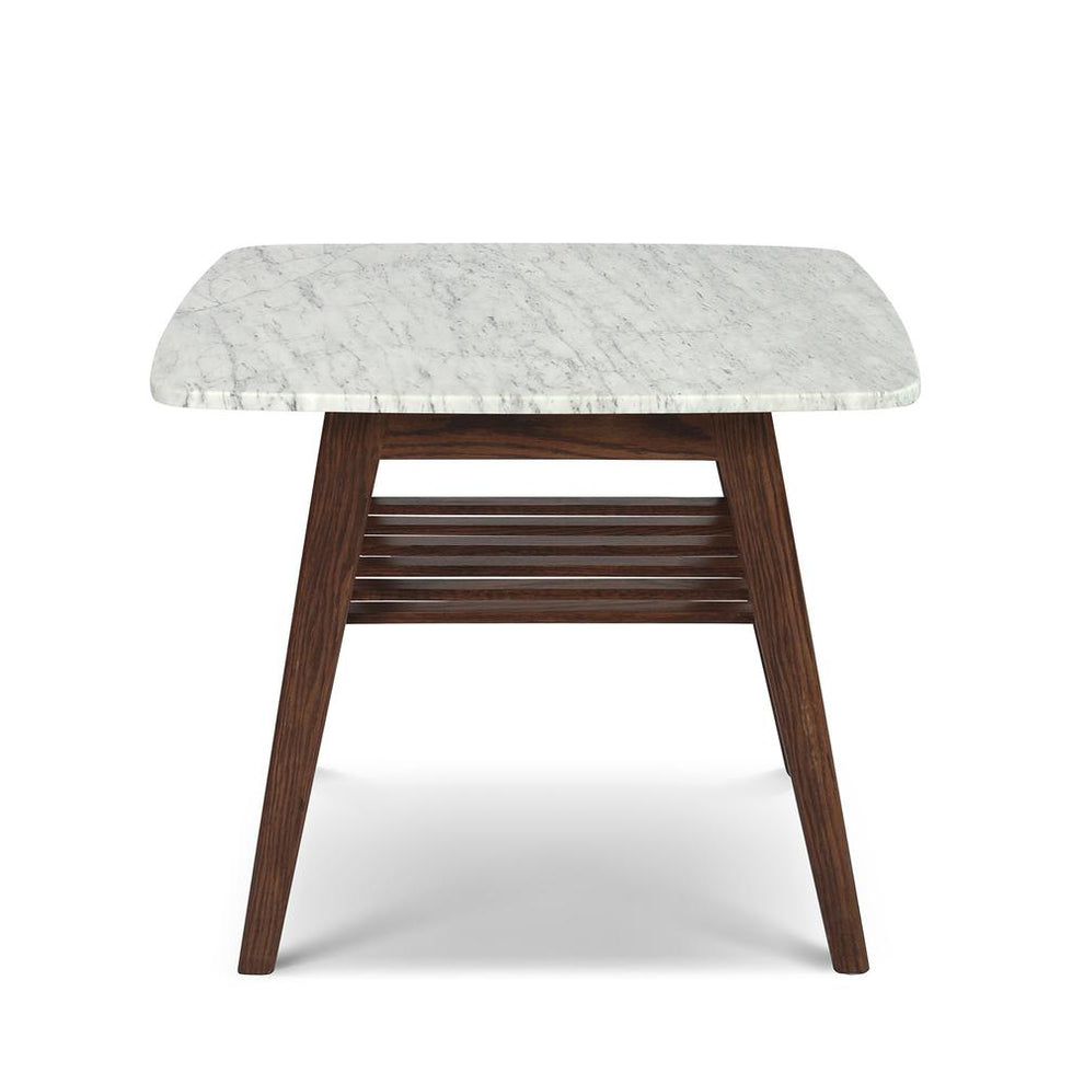 Cassoro 24" Square Italian Carrara White Marble Side Table with Walnut Shelf By The Bianco Collection | Side Tables | Modishstore - 7