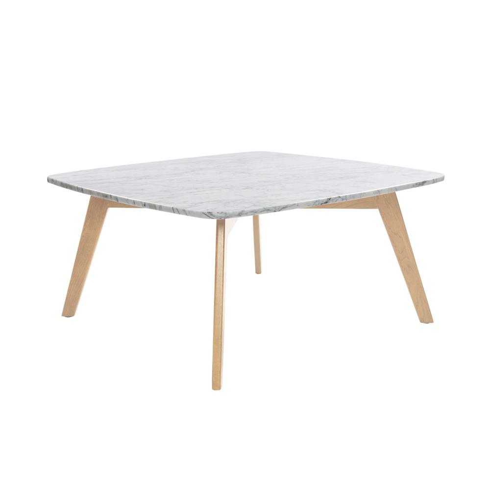 Vezzana 31" Square Italian Carrara White Marble Coffee Table with Oak Legs By The Bianco Collection