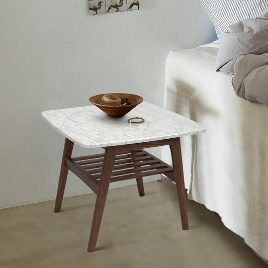 Cassoro 24" Square Italian Carrara White Marble Side Table with Walnut Shelf By The Bianco Collection