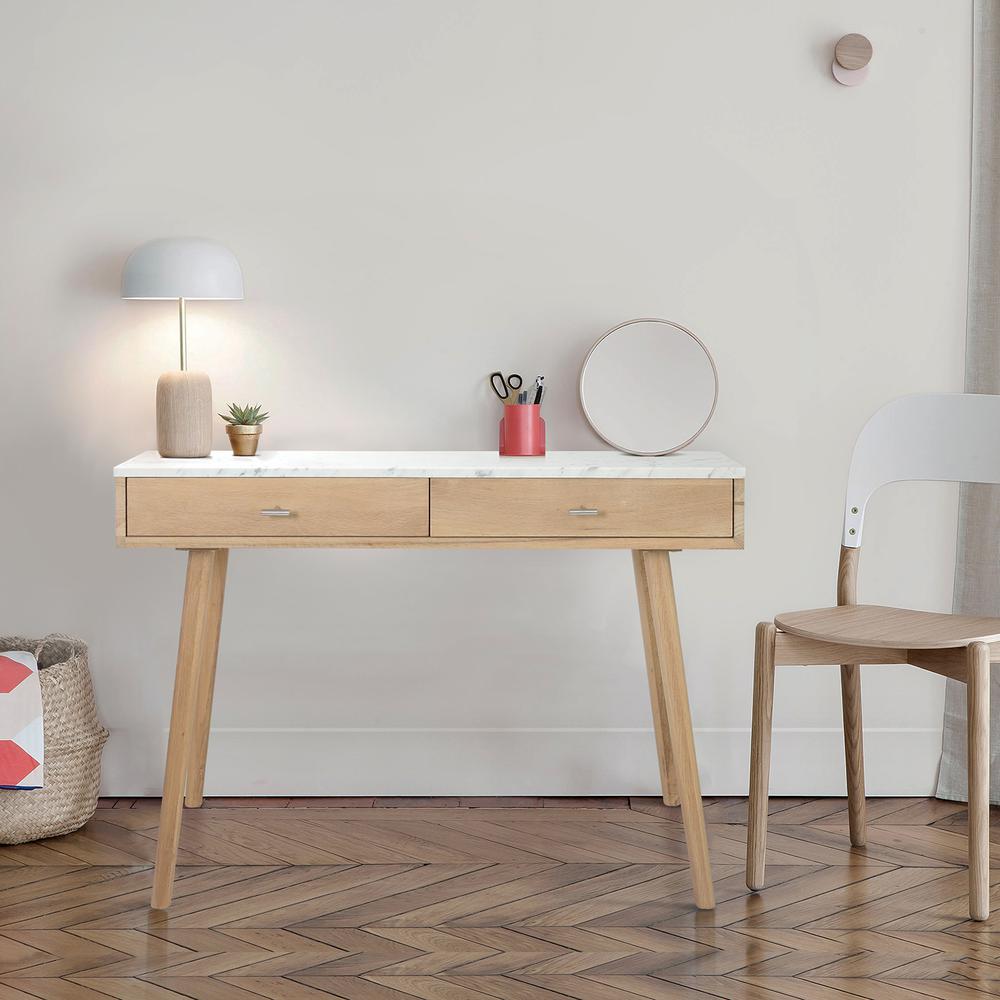 Viola 44" Rectangular Italian Carrara White Marble Writing Desk with Oak Legs By The Bianco Collection | Desks | Modishstore - 1