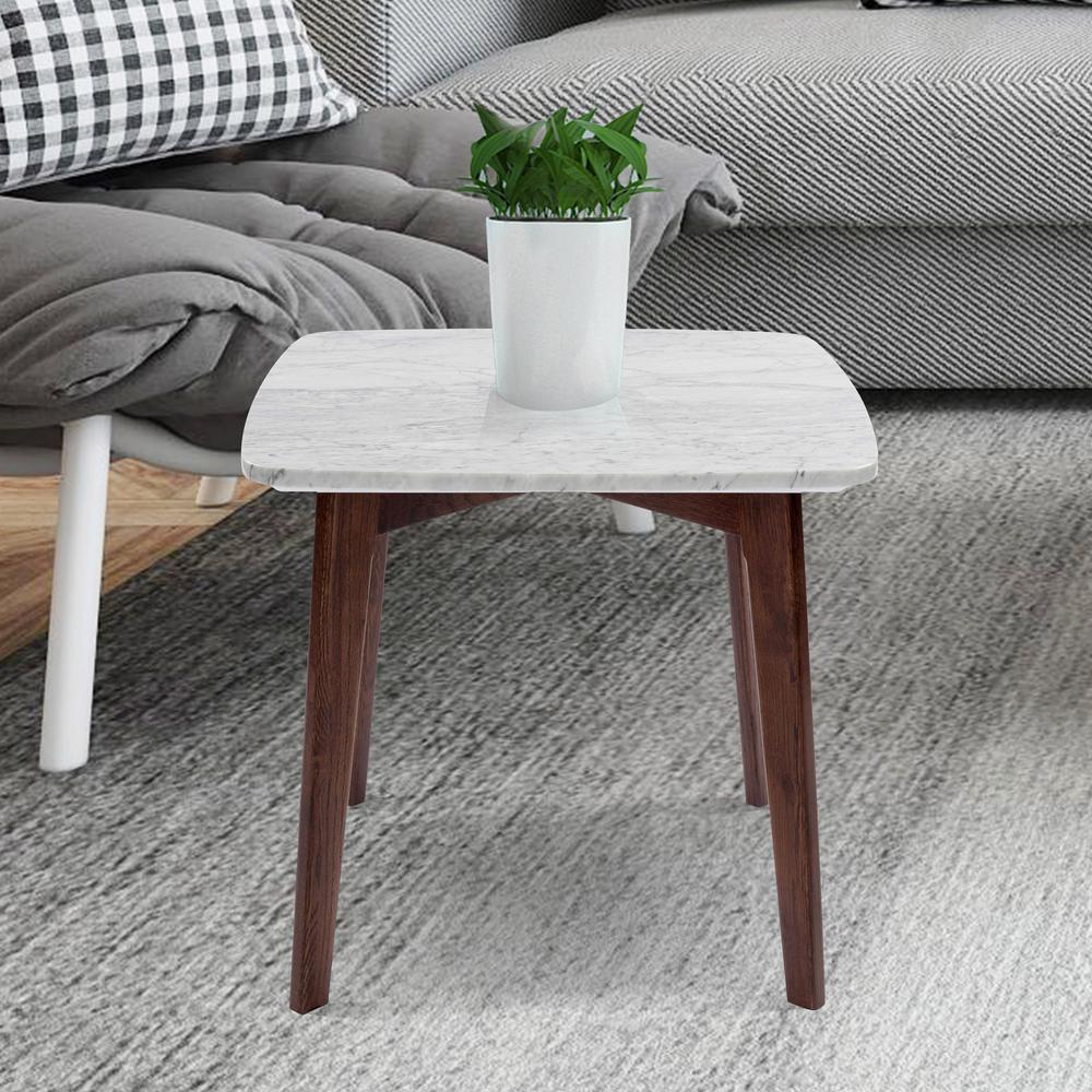 Gavia 19.5" Square Italian Carrara White Marble Side Table with Walnut Legs By The Bianco Collection | Side Tables | Modishstore - 2