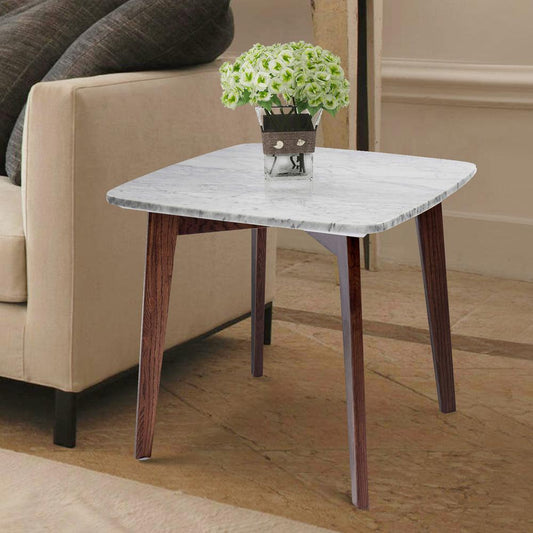 Gavia 19.5" Square Italian Carrara White Marble Side Table with Walnut Legs By The Bianco Collection