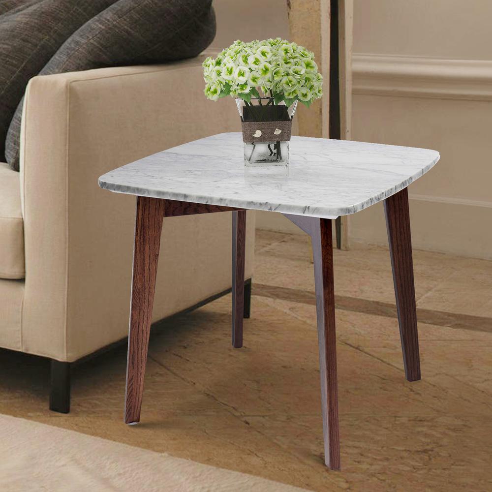 Gavia 19.5" Square Italian Carrara White Marble Side Table with Walnut Legs By The Bianco Collection | Side Tables | Modishstore - 1