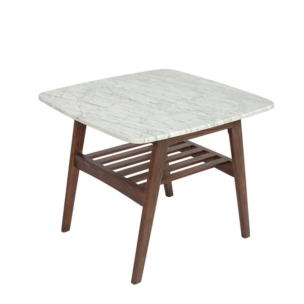 Cassoro 24" Square Italian Carrara White Marble Side Table with Walnut Shelf By The Bianco Collection | Side Tables | Modishstore - 6