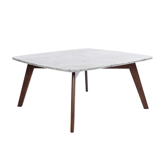 Vezzana 31" Square Italian Carrara White Marble Coffee Table with Walnut Legs By The Bianco Collection