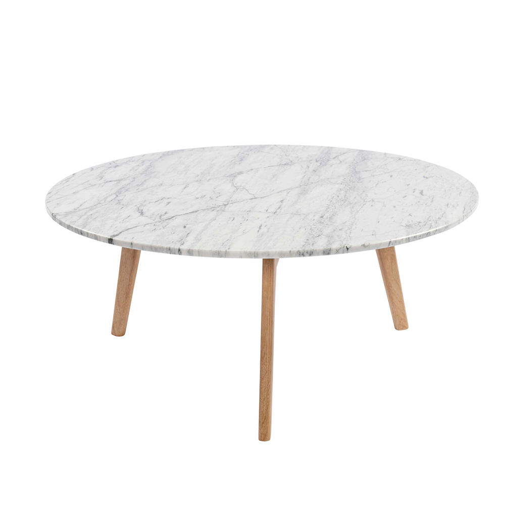 Stella 31" Round Italian Carrara White Marble Coffee Table with Walnut Legs By The Bianco Collection | Coffee Tables | Modishstore - 1