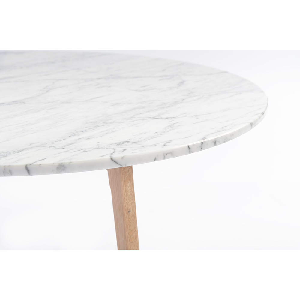 Stella 31" Round Italian Carrara White Marble Coffee Table with Walnut Legs By The Bianco Collection