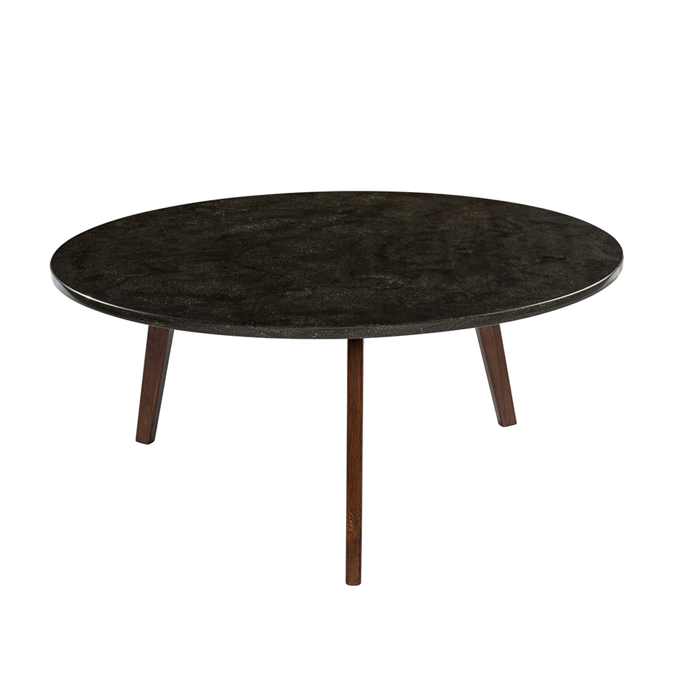 Stella 31" Round Italian Black Marble Coffee Table with Walnut Legs By The Bianco Collection