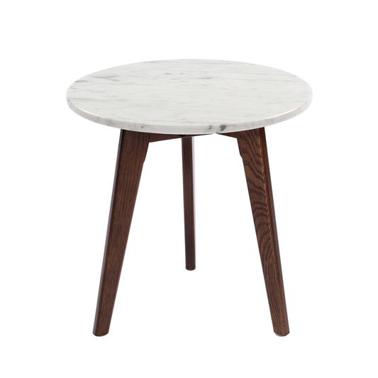 Cherie 15" Round Italian Carrara White Marble Side Table with Walnut Legs By The Bianco Collection