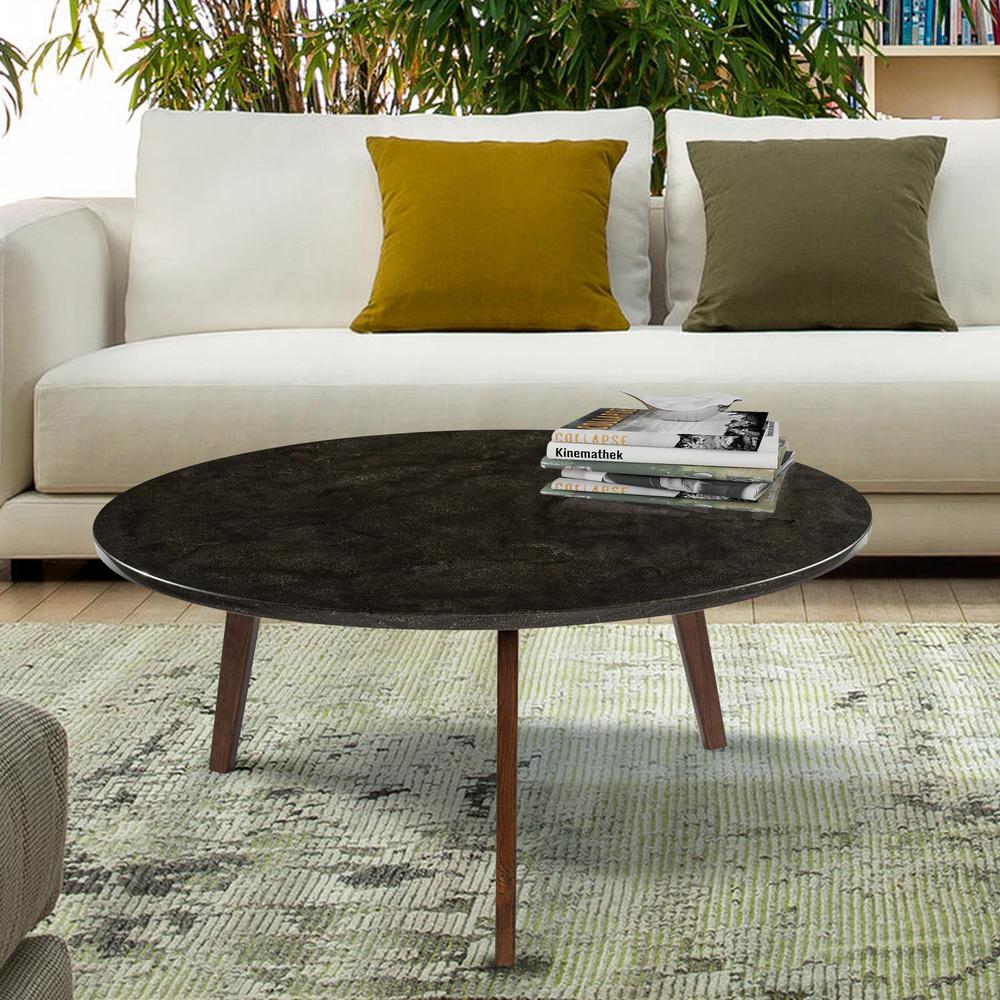 Stella 31" Round Italian Black Marble Coffee Table with Walnut Legs By The Bianco Collection | Coffee Tables | Modishstore - 1