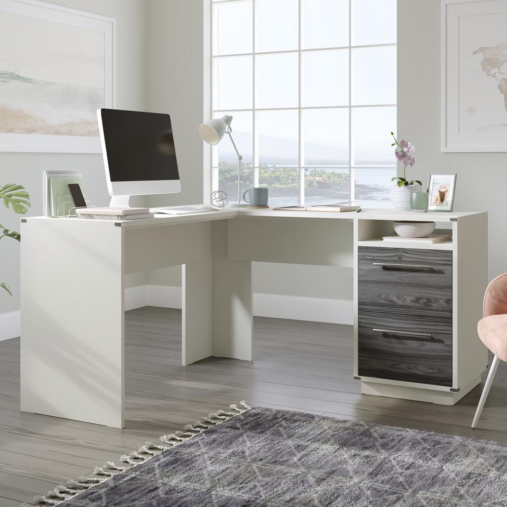 Vista Key L-Desk Pearl Wh/Misted Elm By Sauder | Desks | Modishstore - 3