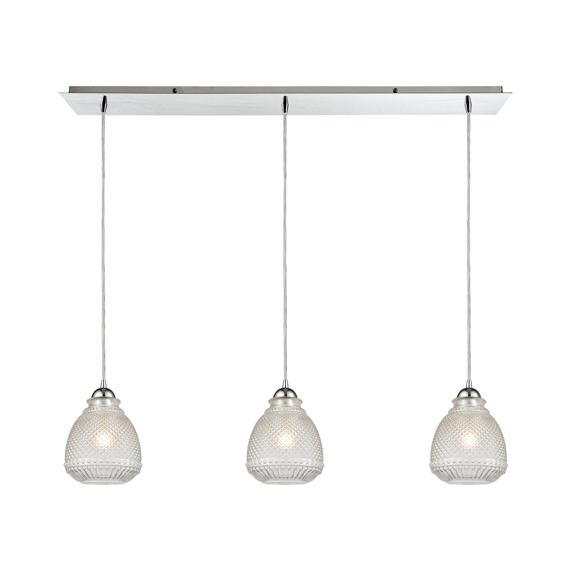 Victoriana 3-Light Linear Mini Pendant Fixture in Polished Chrome with Clear Crosshatched Glass ELK Lighting 56590/3LP | Pendant Lamps | Modishstore