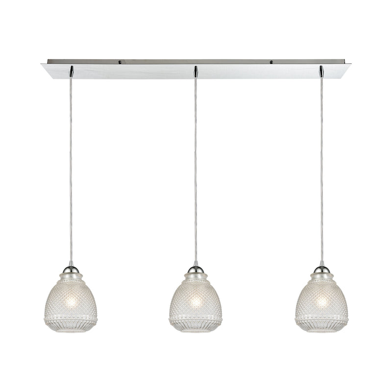 Victoriana 3-Light Linear Mini Pendant Fixture in Polished Chrome with Clear Crosshatched Glass ELK Lighting 56590/3LP | Pendant Lamps | Modishstore