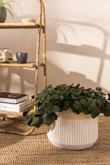 Aveline Ceramic Tan & White Striped Pot By Accent Decor- 3 sizes | Planters, Troughs & Cachepots | Modishstore - 2
