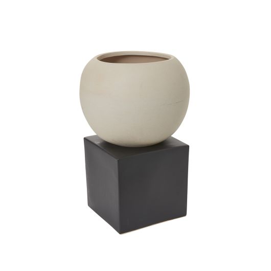 Hersch Tan Sculptural Ceramic Pot on a Cube Plant Stand By Accent Decor- 2 Sizes | Planters, Troughs & Cachepots | Modishstore - 3