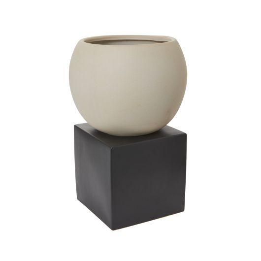 tan plant pot Hersch Tan Sculptural Ceramic Pot On A Cube Plant Stand By Accent Decor- 2 Sizes - Tan - Ceramic - 58110