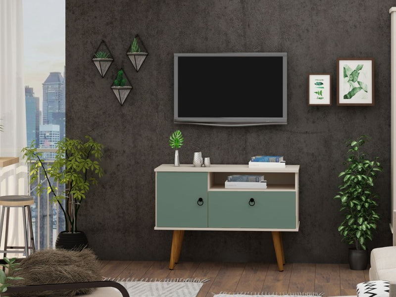 Manhattan Comfort Tribeca 35.43 Mid-Century Modern TV Stand with Solid Wood Legs in Off White and Green Mint | TV Stands | Modishstore