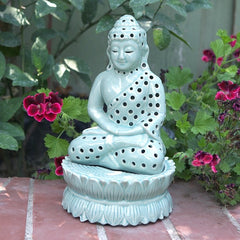 Garden Age Supply Ceramic Sitting Buddha Candle Lantern - Mint Set of 2