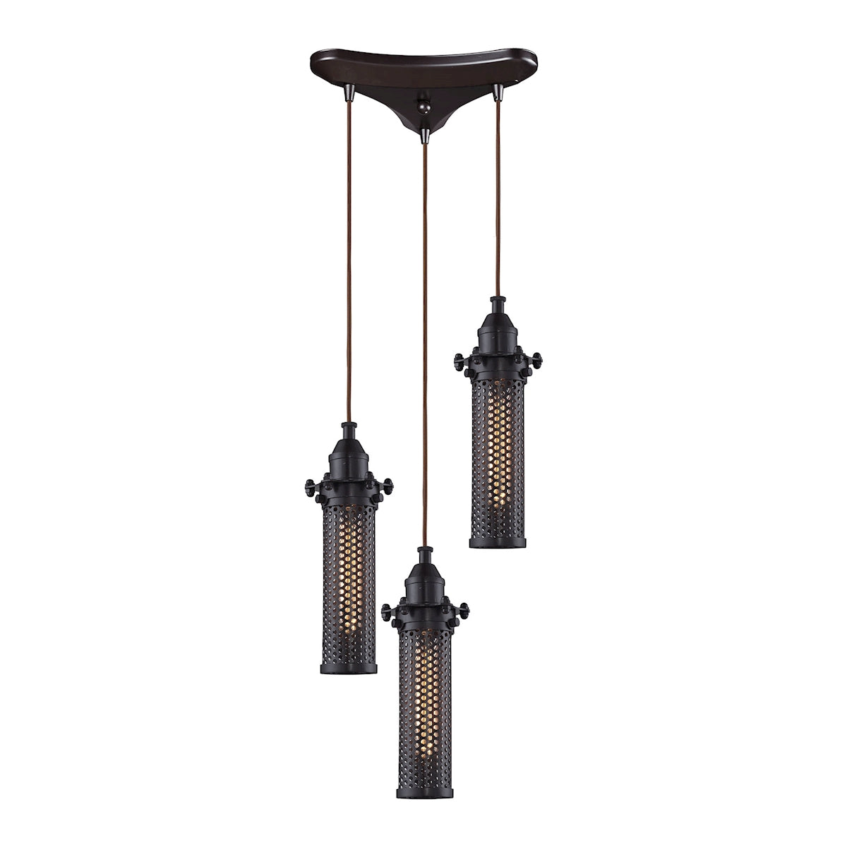 Fulton 3-Light Triangular Pendant Fixture in Oil Rubbed Bronze with Perforated Metal Shade ELK Lighting | Pendant Lamps | Modishstore