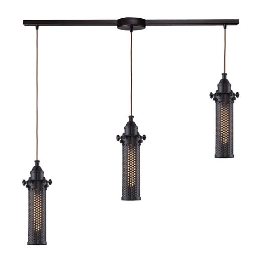 Fulton 3-Light Linear Pendant Fixture in Oil Rubbed Bronze with Perforated Metal Shade ELK Lighting | Pendant Lamps | Modishstore