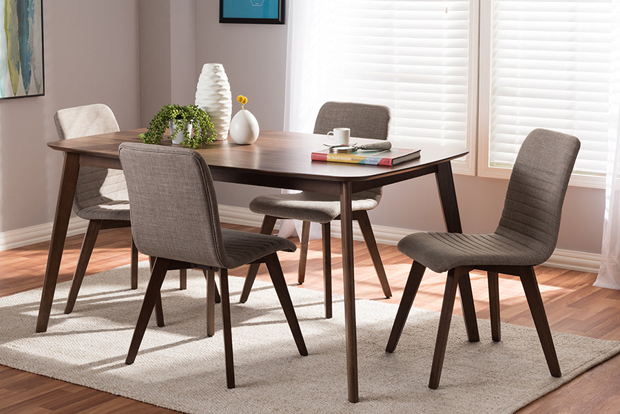 Baxton Studio Sugar Mid-Century Modern Light Grey Fabric Upholstered Walnut Wood Finished 5-Piece Dining Set | Dining Sets | Modishstore - 2