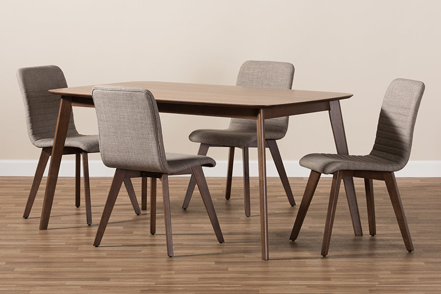 Baxton Studio Sugar Mid-Century Modern Light Grey Fabric Upholstered Walnut Wood Finished 5-Piece Dining Set | Dining Sets | Modishstore - 3