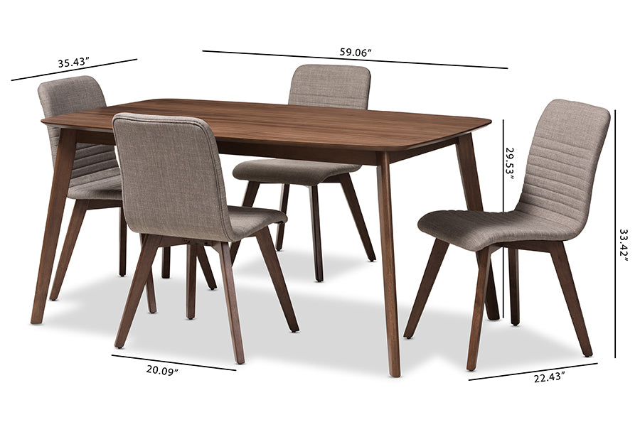 Baxton Studio Sugar Mid-Century Modern Light Grey Fabric Upholstered Walnut Wood Finished 5-Piece Dining Set | Dining Sets | Modishstore - 4
