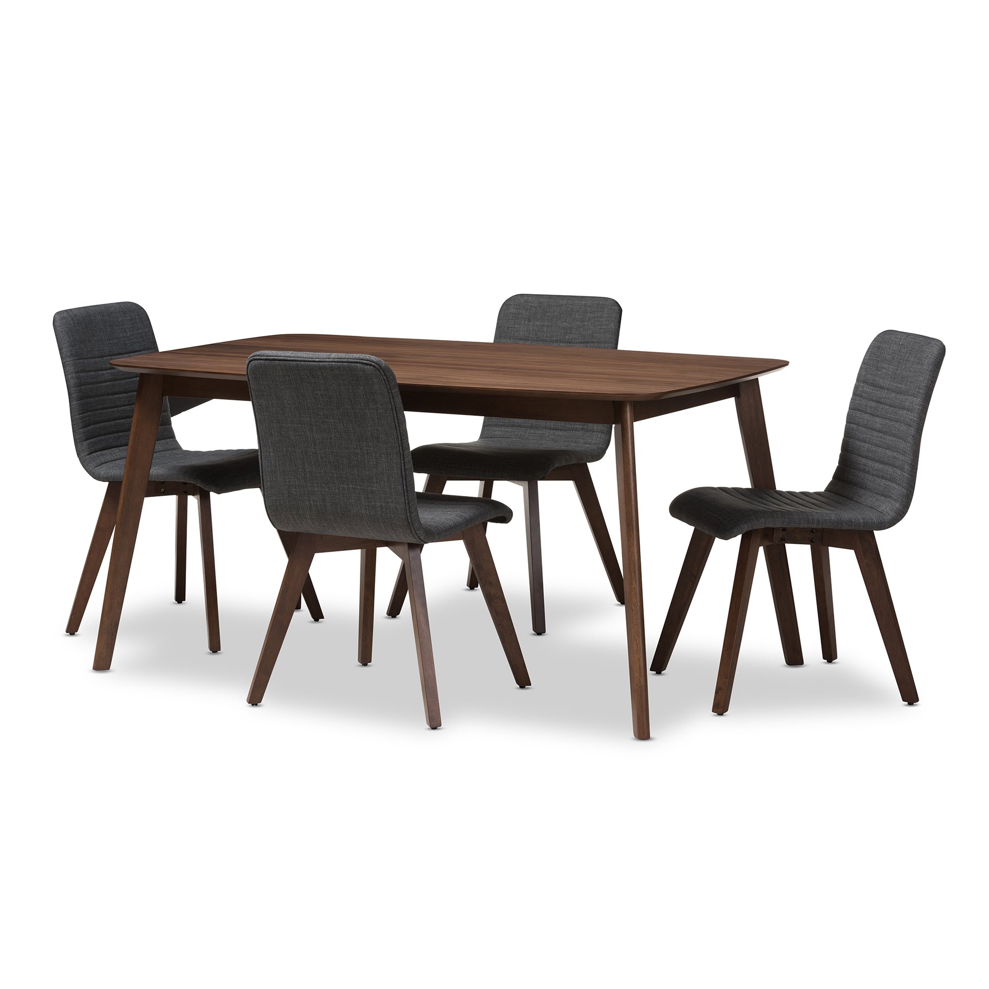 Baxton Studio Sugar Mid-Century Modern Dark Grey Fabric Upholstered Walnut Wood Finished 5-Piece Dining Set | Dining Sets | Modishstore