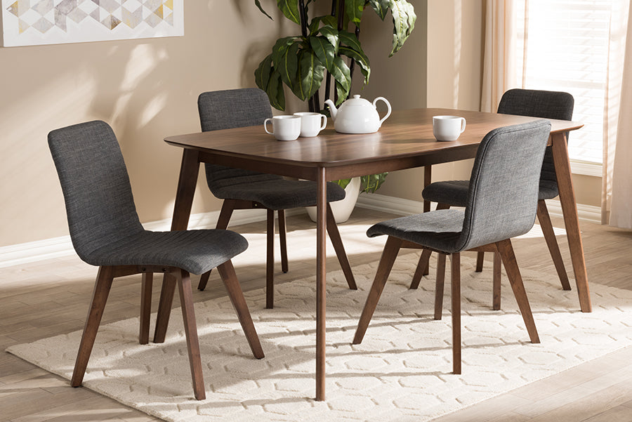 Baxton Studio Sugar Mid-Century Modern Dark Grey Fabric Upholstered Walnut Wood Finished 5-Piece Dining Set | Dining Sets | Modishstore - 2