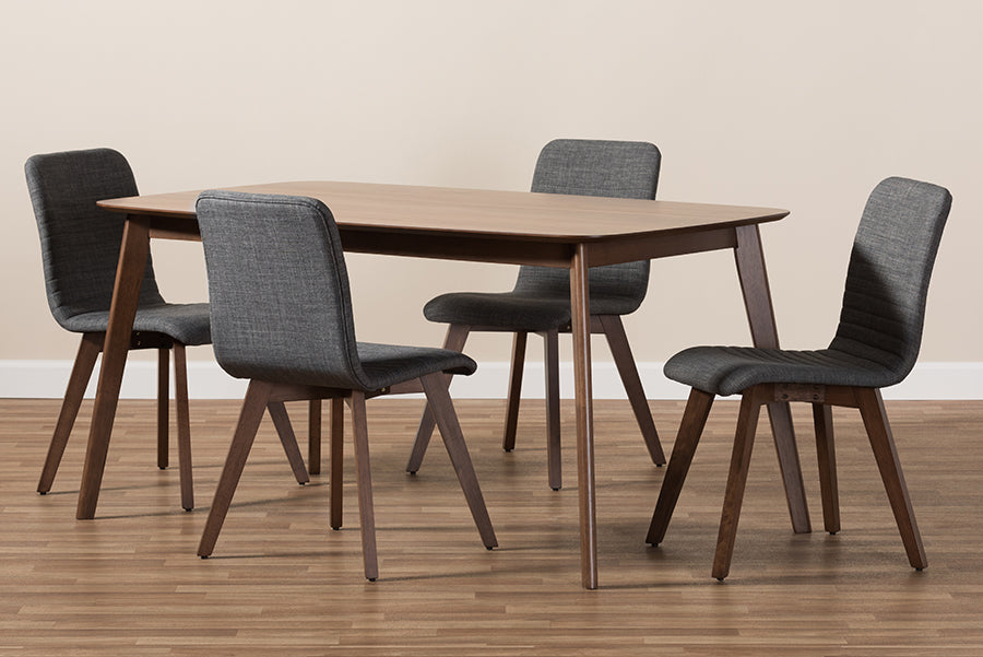 Baxton Studio Sugar Mid-Century Modern Dark Grey Fabric Upholstered Walnut Wood Finished 5-Piece Dining Set | Dining Sets | Modishstore - 3