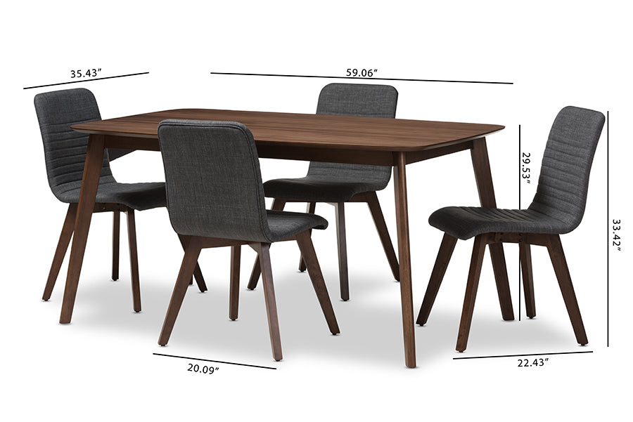 Baxton Studio Sugar Mid-Century Modern Dark Grey Fabric Upholstered Walnut Wood Finished 5-Piece Dining Set | Dining Sets | Modishstore - 4