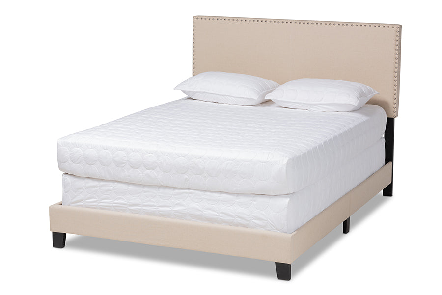 baxton studio ramon modern and contemporary beige linen fabric upholstered full size panel bed with nailhead trim | Modish Furniture Store-2