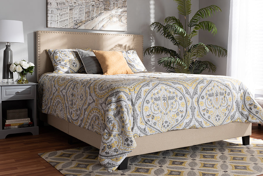 Baxton Studio Ramon Modern and Contemporary Beige Linen Fabric Upholstered Full Size Panel Bed with Nailhead Trim | Modishstore | Beds
