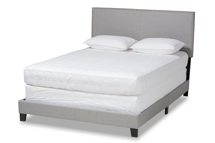 baxton studio ramon modern and contemporary grey linen fabric upholstered full size panel bed with nailhead trim | Modish Furniture Store-2